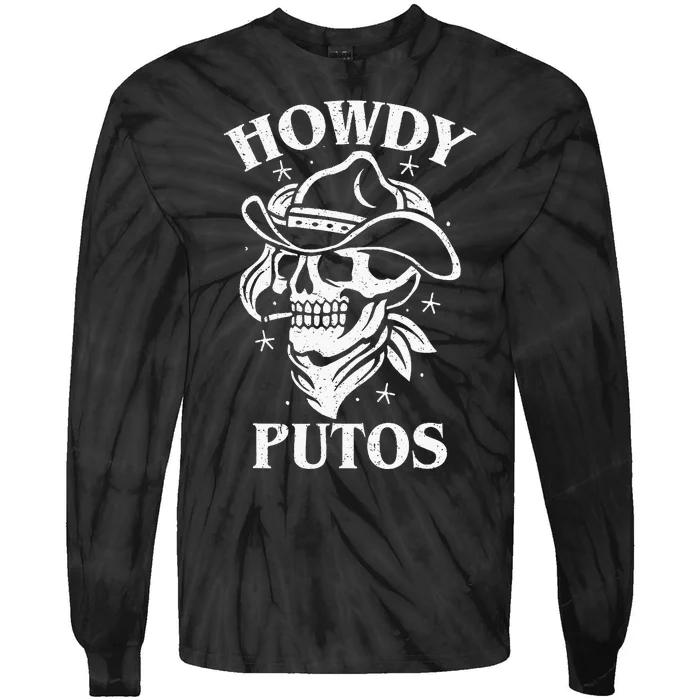 Funny Western Cowboy Skull Gift Hola Putos Spanish Slang Tie-Dye Long Sleeve Shirt