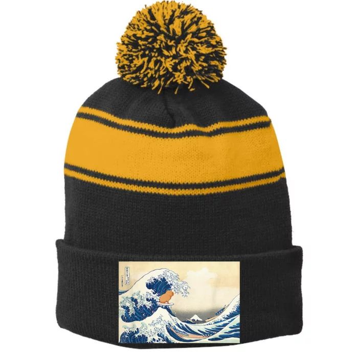 Funny Wave Capybara Surfing Rodent Stripe Pom Pom Beanie