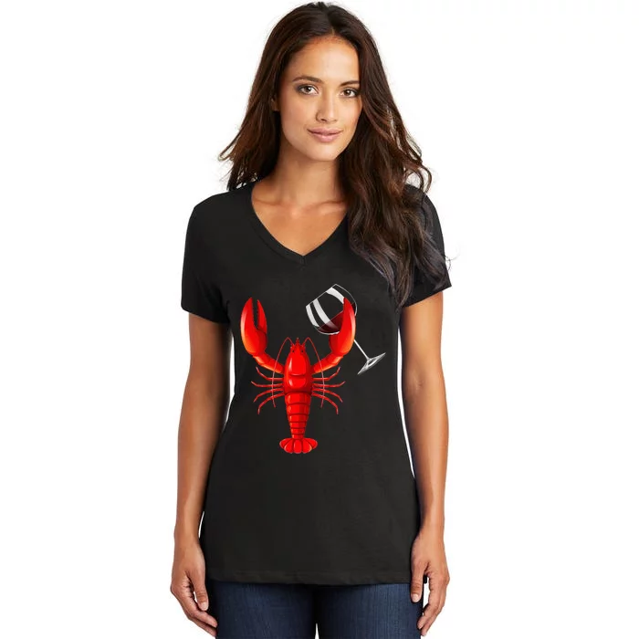 Funny Wine Drinking Lobster Red Crawfish Wine Lovers Gift Women's V-Neck T-Shirt