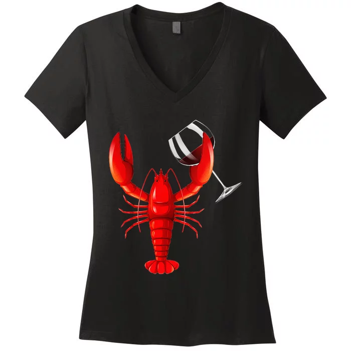 Funny Wine Drinking Lobster Red Crawfish Wine Lovers Gift Women's V-Neck T-Shirt