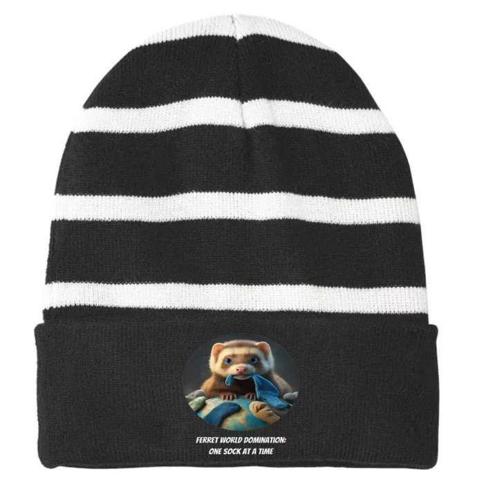 Ferret World Domination One Sock At A Time Premium Striped Beanie with Solid Band