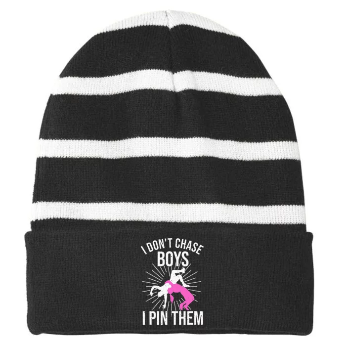 Funny Wrestling Designs For Women Wrestle Athlete Fans Striped Beanie with Solid Band