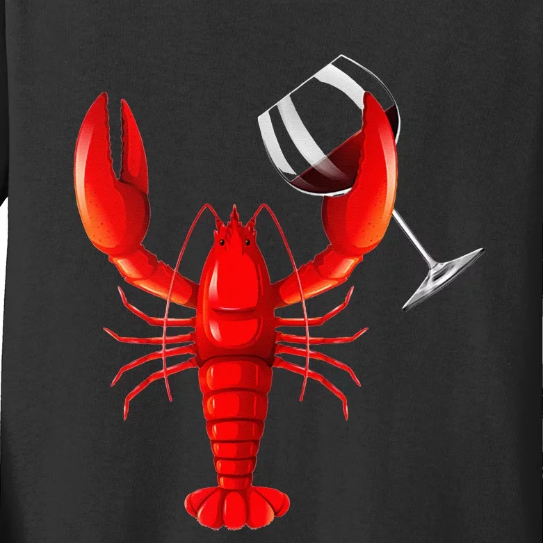 Funny Wine Drinking Lobster Red Crawfish Wine Lovers Gift Kids Long Sleeve Shirt