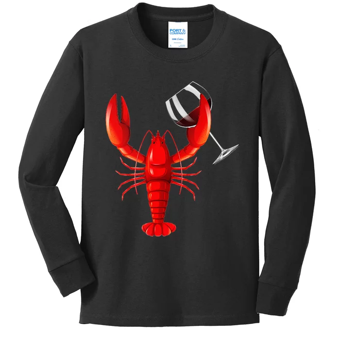 Funny Wine Drinking Lobster Red Crawfish Wine Lovers Gift Kids Long Sleeve Shirt