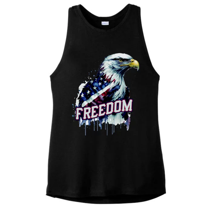 Freedom Watercolor Eagle With American Flag Ladies Tri-Blend Wicking Tank