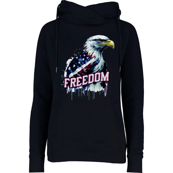 Freedom Watercolor Eagle With American Flag Womens Funnel Neck Pullover Hood