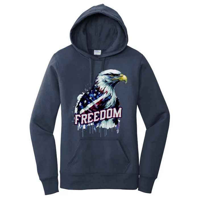 Freedom Watercolor Eagle With American Flag Women's Pullover Hoodie