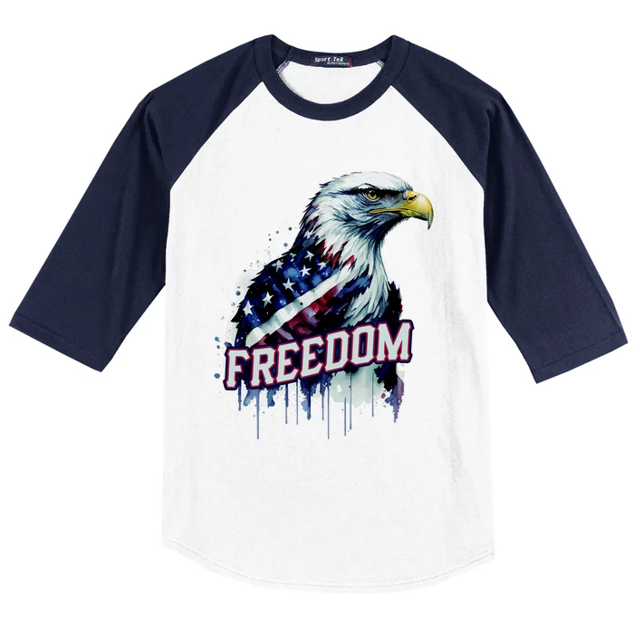 Freedom Watercolor Eagle With American Flag Baseball Sleeve Shirt