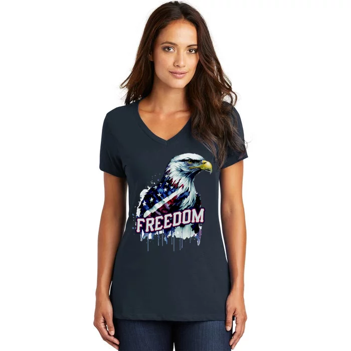 Freedom Watercolor Eagle With American Flag Women's V-Neck T-Shirt