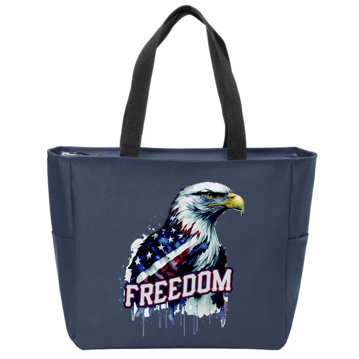 Freedom Watercolor Eagle With American Flag Zip Tote Bag