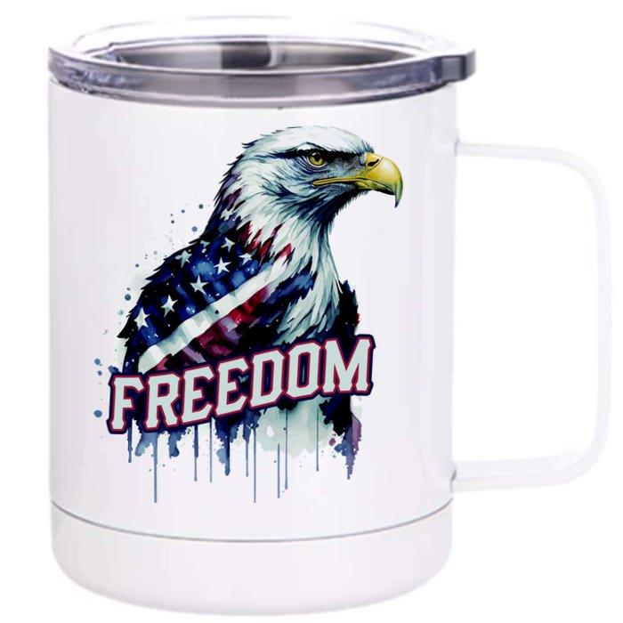 Freedom Watercolor Eagle With American Flag Front & Back 12oz Stainless Steel Tumbler Cup