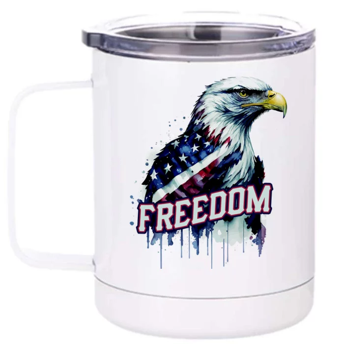 Freedom Watercolor Eagle With American Flag Front & Back 12oz Stainless Steel Tumbler Cup