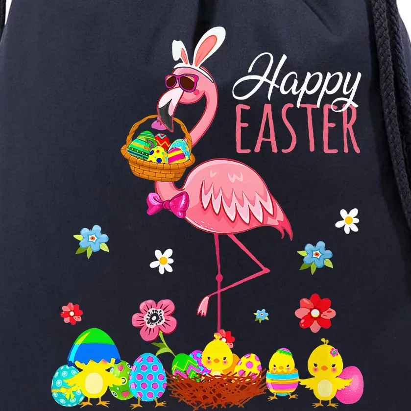 Flamingo With Easter Egg Basket Hunting Drawstring Bag