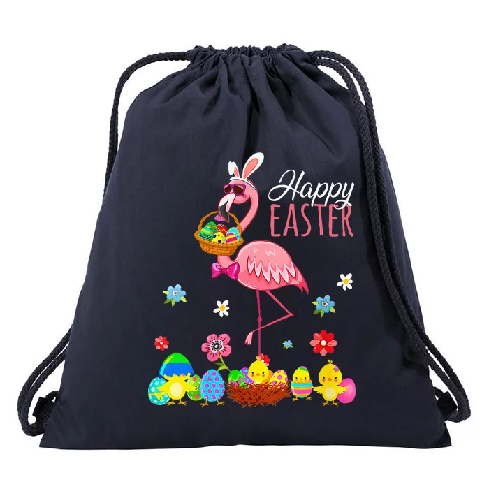 Flamingo With Easter Egg Basket Hunting Drawstring Bag