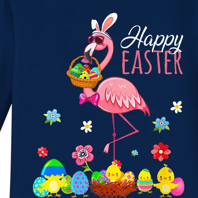 Flamingo With Easter Egg Basket Hunting Baby Long Sleeve Bodysuit