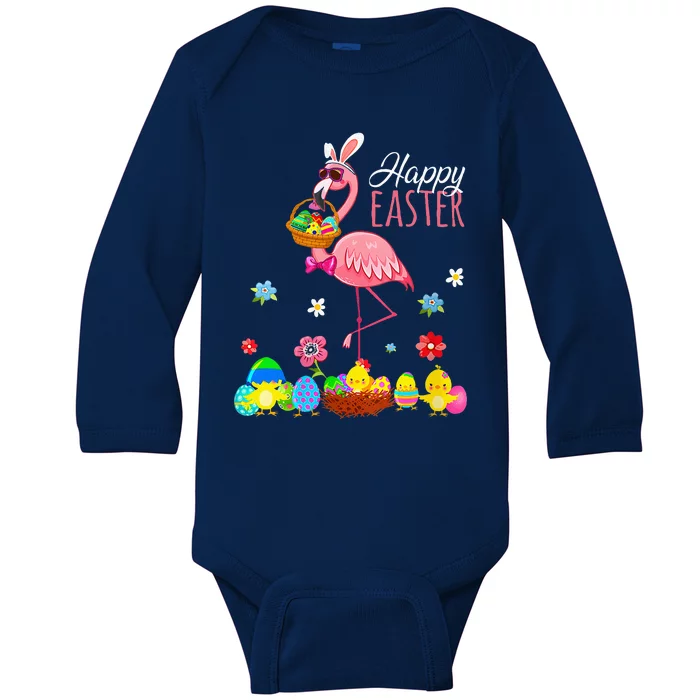 Flamingo With Easter Egg Basket Hunting Baby Long Sleeve Bodysuit