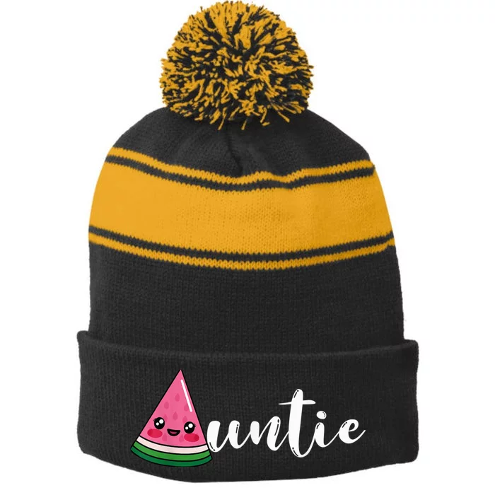 Funny Watermelon Fruit Lover Auntie Aunt Family Summer Stripe Pom Pom Beanie