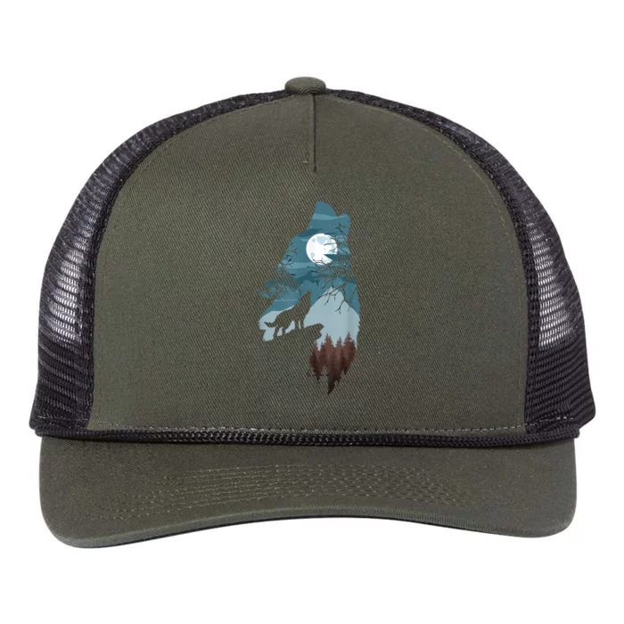 Forest With FullMoon And Cliff Of Silhouette Howling Retro Rope Trucker Hat Cap