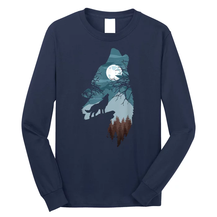 Forest With FullMoon And Cliff Of Silhouette Howling Long Sleeve Shirt