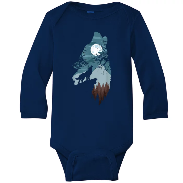 Forest With FullMoon And Cliff Of Silhouette Howling Baby Long Sleeve Bodysuit