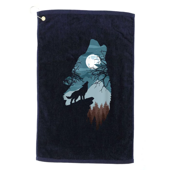 Forest With FullMoon And Cliff Of Silhouette Howling Platinum Collection Golf Towel