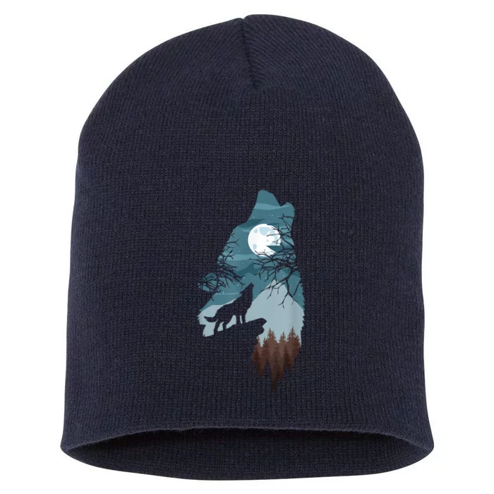 Forest With FullMoon And Cliff Of Silhouette Howling Short Acrylic Beanie