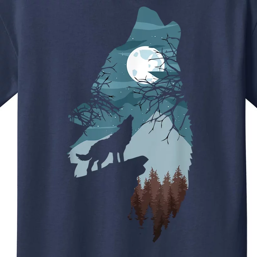 Forest With FullMoon And Cliff Of Silhouette Howling Kids T-Shirt