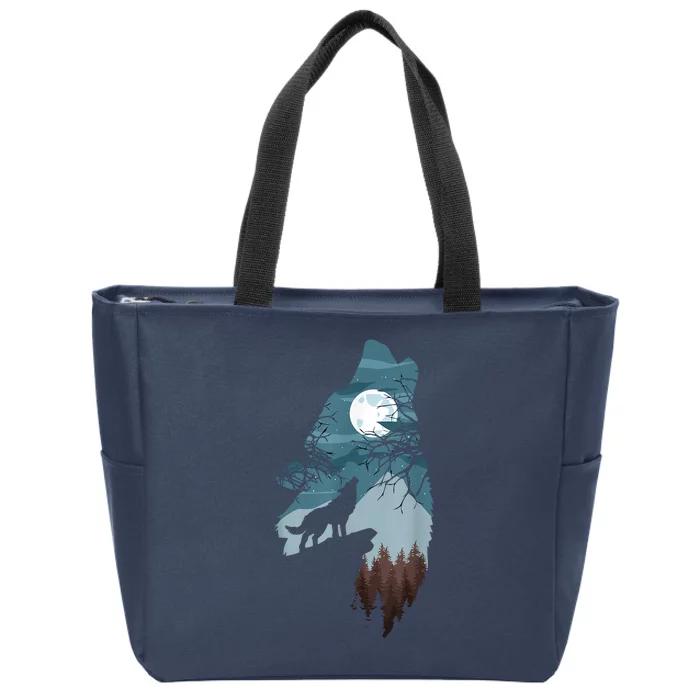 Forest With FullMoon And Cliff Of Silhouette Howling Zip Tote Bag