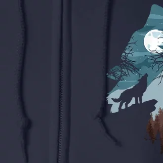 Forest With FullMoon And Cliff Of Silhouette Howling Full Zip Hoodie