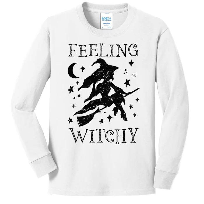 Feeling Witchy Funny Halloween Witch Vibes Kinda Night Kids Long Sleeve Shirt