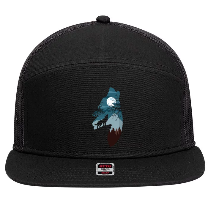 Forest With FullMoon And Cliff Of Silhouette Howling Wolf 7 Panel Mesh Trucker Snapback Hat