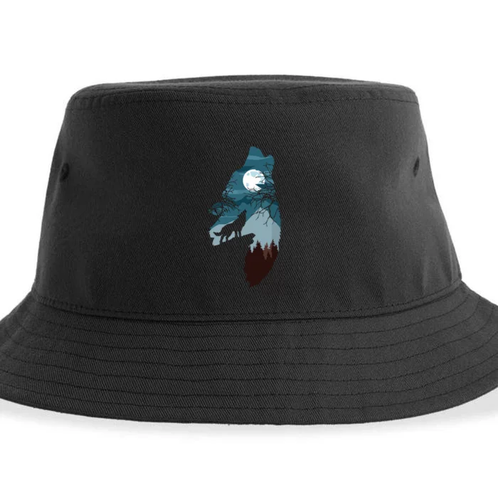 Forest With FullMoon And Cliff Of Silhouette Howling Wolf Sustainable Bucket Hat