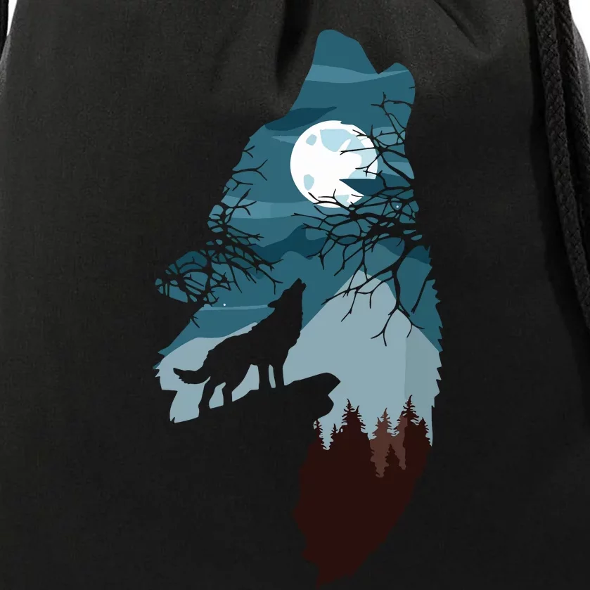 Forest With FullMoon And Cliff Of Silhouette Howling Wolf Drawstring Bag