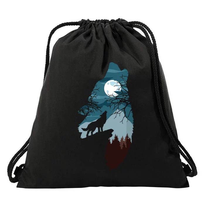 Forest With FullMoon And Cliff Of Silhouette Howling Wolf Drawstring Bag