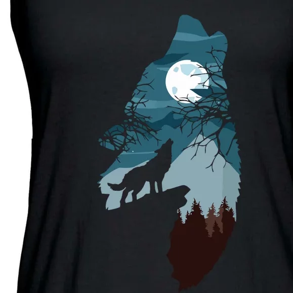 Forest With FullMoon And Cliff Of Silhouette Howling Wolf Ladies Essential Flowy Tank