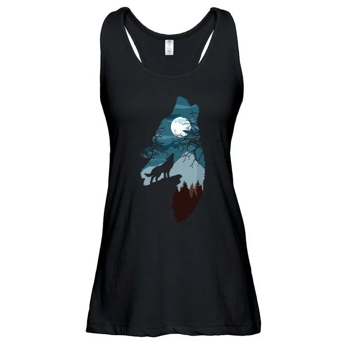 Forest With FullMoon And Cliff Of Silhouette Howling Wolf Ladies Essential Flowy Tank