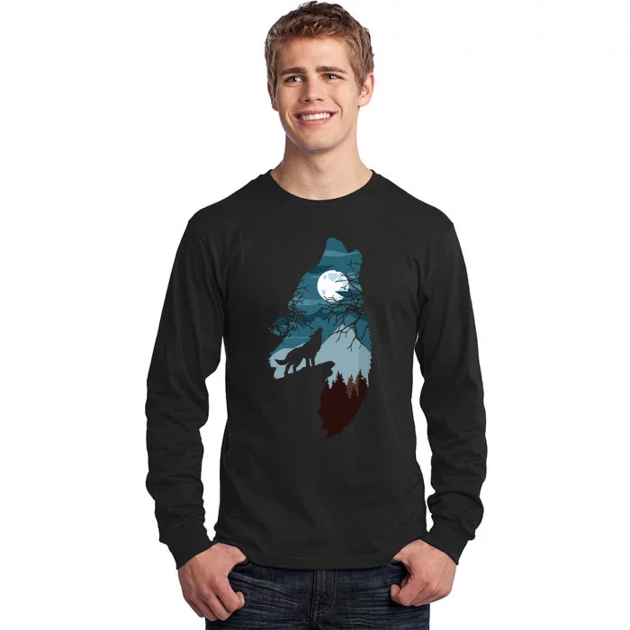 Forest With FullMoon And Cliff Of Silhouette Howling Wolf Tall Long Sleeve T-Shirt