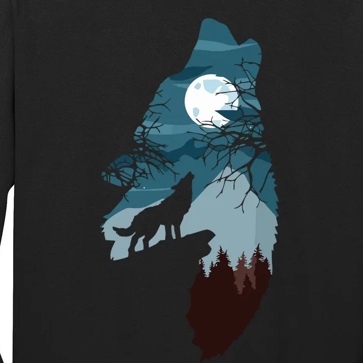 Forest With FullMoon And Cliff Of Silhouette Howling Wolf Tall Long Sleeve T-Shirt