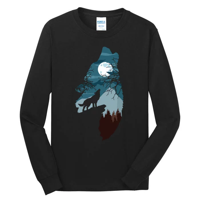 Forest With FullMoon And Cliff Of Silhouette Howling Wolf Tall Long Sleeve T-Shirt