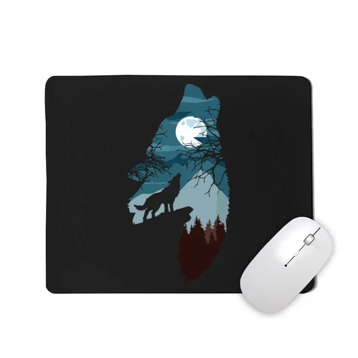 Forest With FullMoon And Cliff Of Silhouette Howling Wolf Mousepad