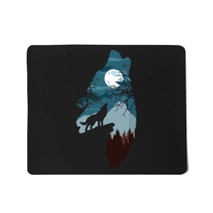 Forest With FullMoon And Cliff Of Silhouette Howling Wolf Mousepad