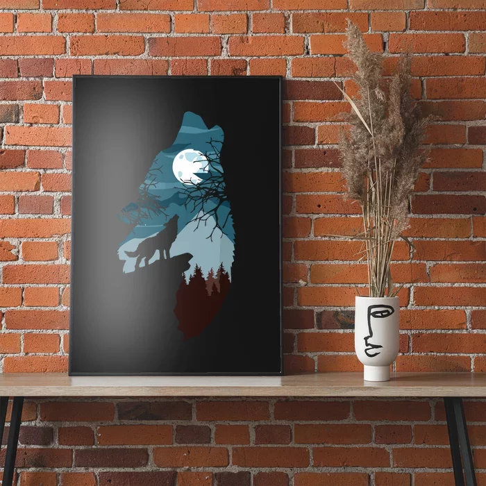 Forest With FullMoon And Cliff Of Silhouette Howling Wolf Poster