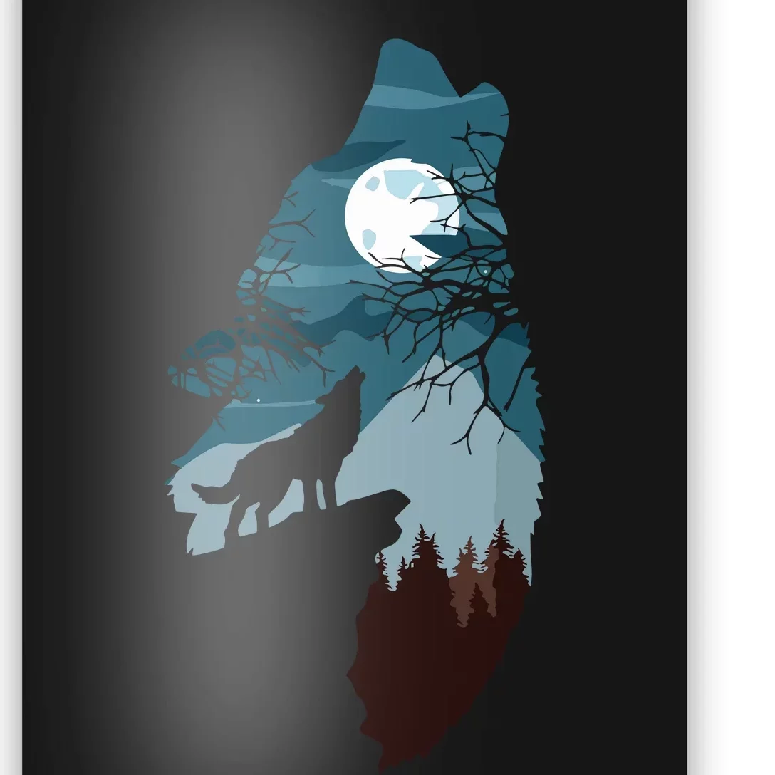 Forest With FullMoon And Cliff Of Silhouette Howling Wolf Poster