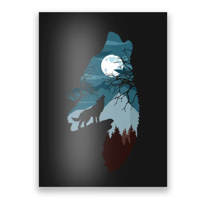 Forest With FullMoon And Cliff Of Silhouette Howling Wolf Poster