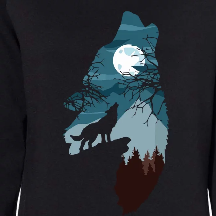 Forest With FullMoon And Cliff Of Silhouette Howling Wolf Womens California Wash Sweatshirt