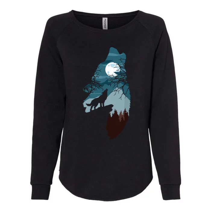 Forest With FullMoon And Cliff Of Silhouette Howling Wolf Womens California Wash Sweatshirt