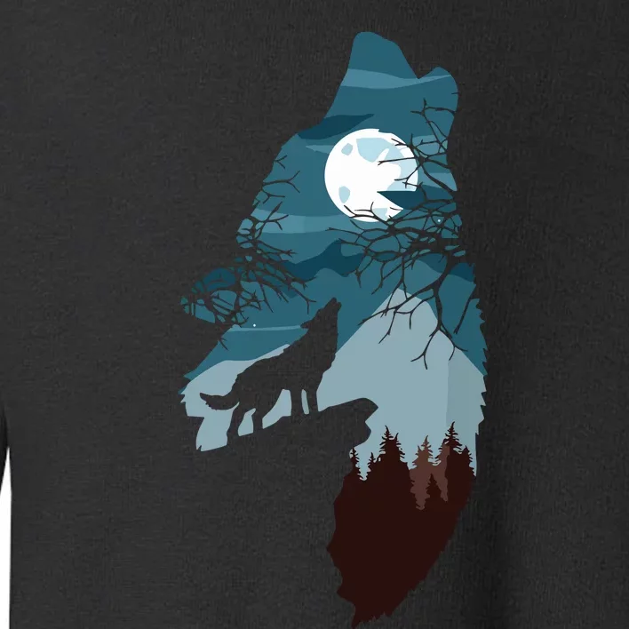 Forest With FullMoon And Cliff Of Silhouette Howling Wolf Toddler Sweatshirt