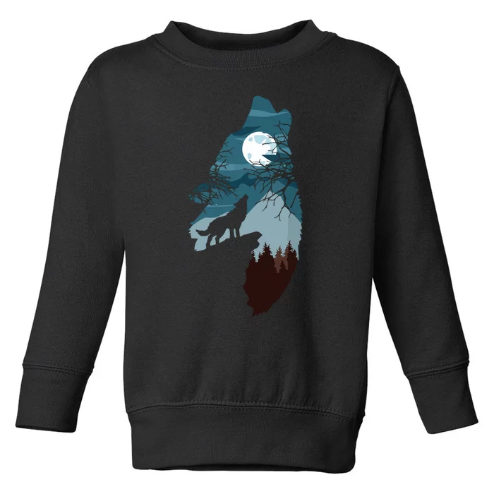 Forest With FullMoon And Cliff Of Silhouette Howling Wolf Toddler Sweatshirt