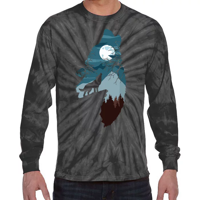 Forest With FullMoon And Cliff Of Silhouette Howling Wolf Tie-Dye Long Sleeve Shirt