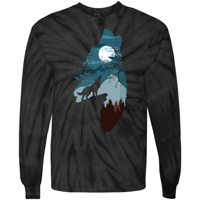 Forest With FullMoon And Cliff Of Silhouette Howling Wolf Tie-Dye Long Sleeve Shirt